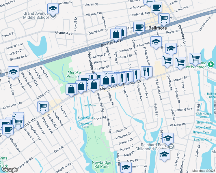 map of restaurants, bars, coffee shops, grocery stores, and more near 2469 Merrick Road in Bellmore