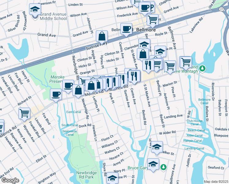 map of restaurants, bars, coffee shops, grocery stores, and more near 2548 Merrick Road in Bellmore