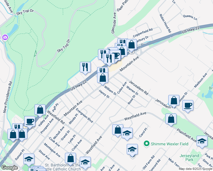 map of restaurants, bars, coffee shops, grocery stores, and more near 313 William Street in Scotch Plains