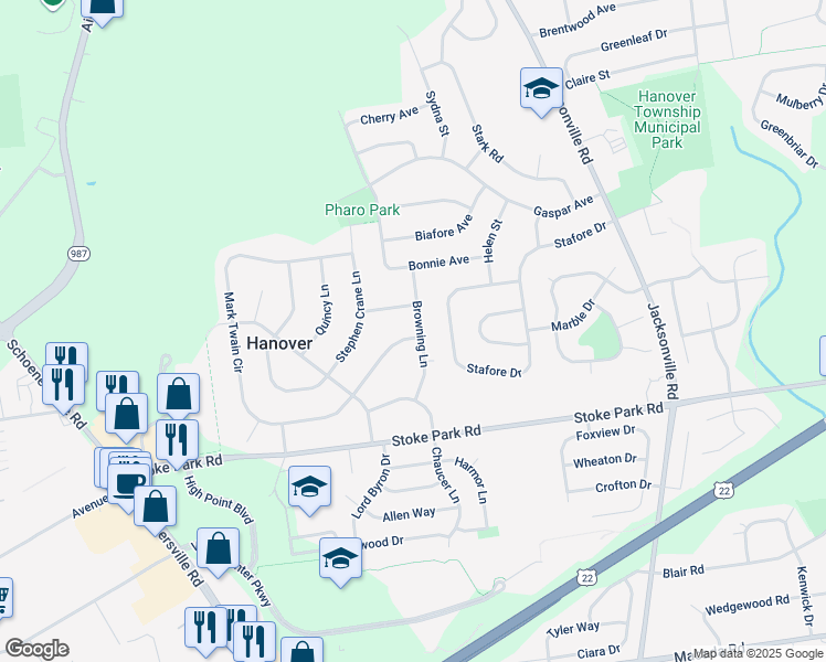 map of restaurants, bars, coffee shops, grocery stores, and more near 3605 Browning Lane in Bethlehem