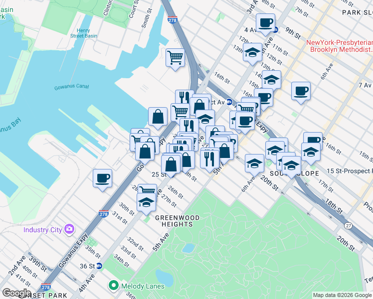 map of restaurants, bars, coffee shops, grocery stores, and more near 714 4th Avenue in Brooklyn