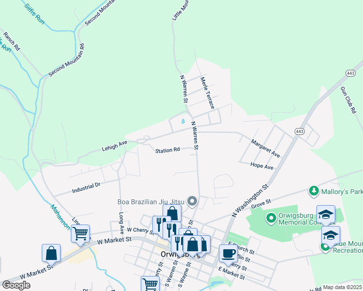 map of restaurants, bars, coffee shops, grocery stores, and more near 110 Station Road in Orwigsburg