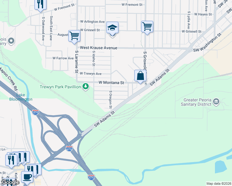 map of restaurants, bars, coffee shops, grocery stores, and more near 2728 West Wyoming Street in Peoria