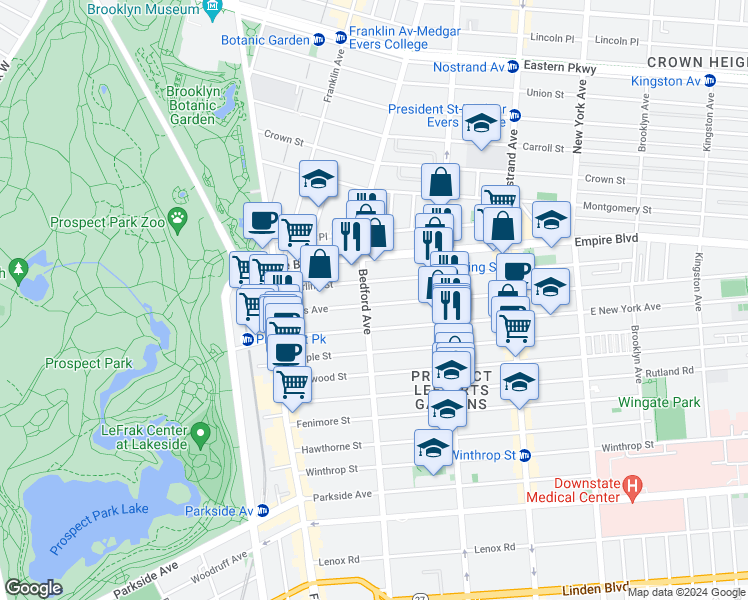 map of restaurants, bars, coffee shops, grocery stores, and more near 133 Lefferts Avenue in Brooklyn
