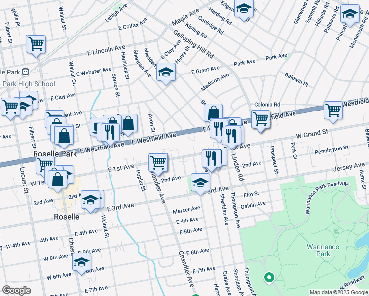 map of restaurants, bars, coffee shops, grocery stores, and more near 457 East 1st Avenue in Roselle