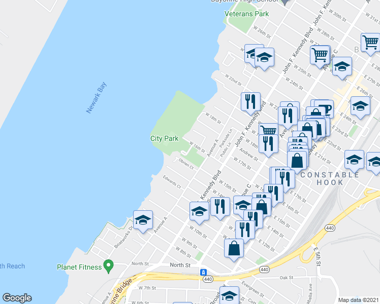 map of restaurants, bars, coffee shops, grocery stores, and more near 385 Avenue A in Bayonne