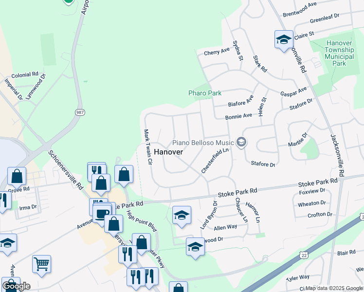 map of restaurants, bars, coffee shops, grocery stores, and more near 3555 Quincy Lane in Bethlehem