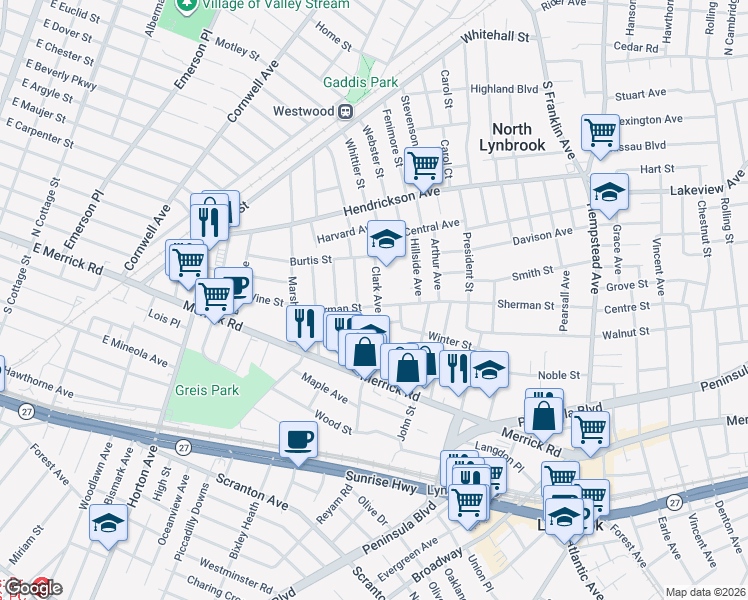 map of restaurants, bars, coffee shops, grocery stores, and more near 15 Clark Avenue in Lynbrook