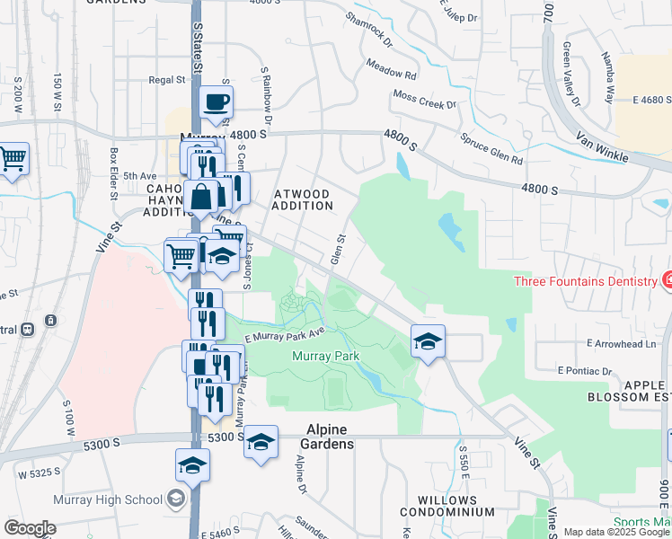 map of restaurants, bars, coffee shops, grocery stores, and more near 5031 South Glenn Street in Murray