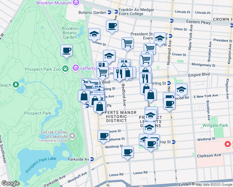 map of restaurants, bars, coffee shops, grocery stores, and more near 119 Lefferts Avenue in Brooklyn