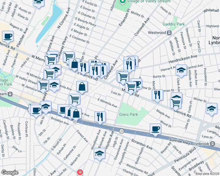 map of restaurants, bars, coffee shops, grocery stores, and more near 37 Lois Place in Valley Stream