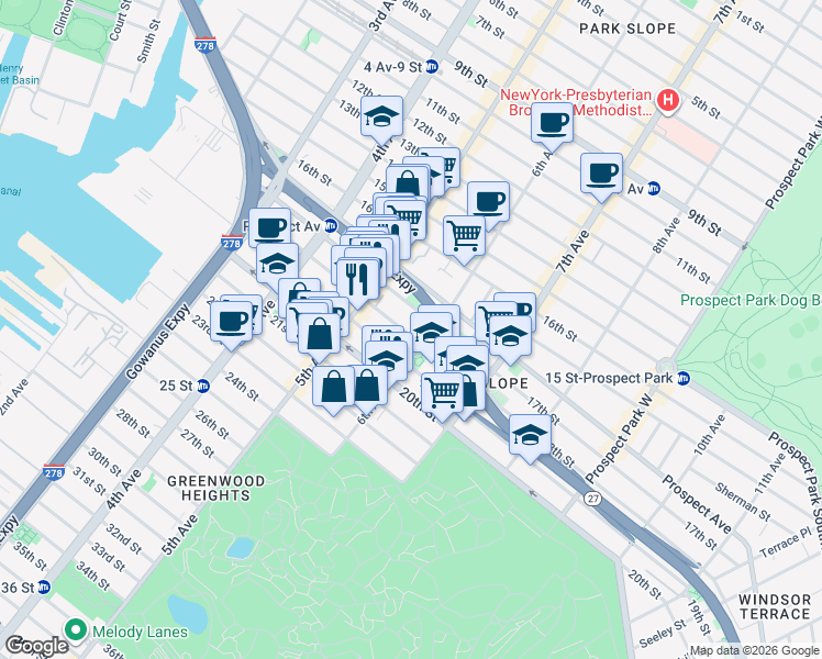 map of restaurants, bars, coffee shops, grocery stores, and more near 278 18th Street in Brooklyn