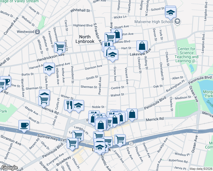 map of restaurants, bars, coffee shops, grocery stores, and more near 141 Hempstead Avenue in Lynbrook