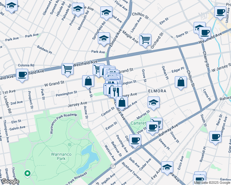 map of restaurants, bars, coffee shops, grocery stores, and more near in Elizabeth