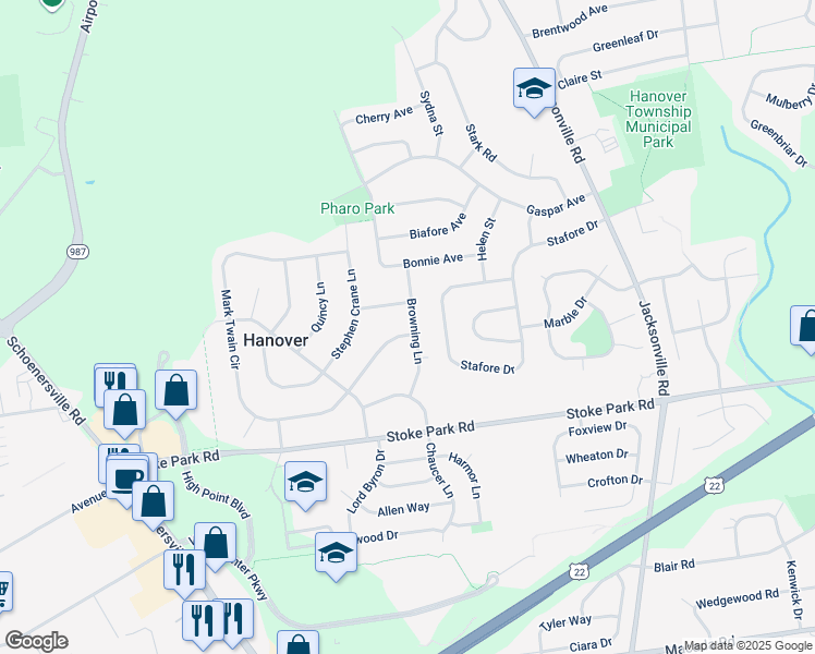 map of restaurants, bars, coffee shops, grocery stores, and more near 3605 Browning Lane in Bethlehem