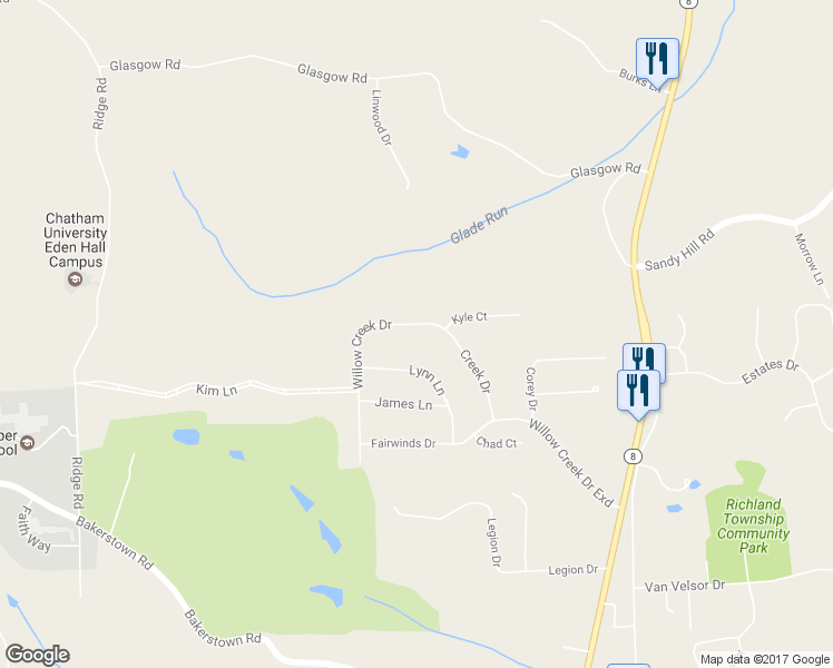 map of restaurants, bars, coffee shops, grocery stores, and more near 4090 Willow Creek Drive in Gibsonia