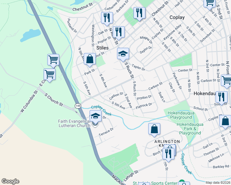 map of restaurants, bars, coffee shops, grocery stores, and more near 3325 Carbon Street in Hokendauqua
