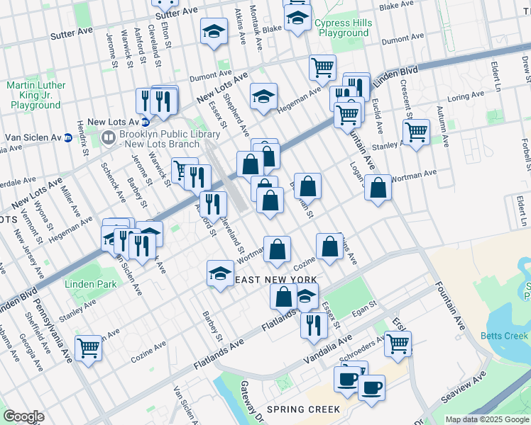 map of restaurants, bars, coffee shops, grocery stores, and more near 870 Stanley Avenue in Brooklyn