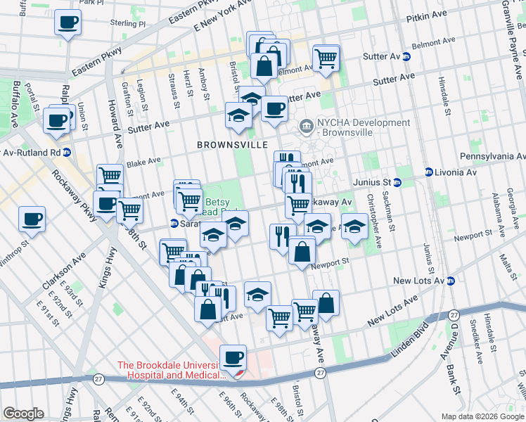 map of restaurants, bars, coffee shops, grocery stores, and more near 196 Livonia Avenue in Brooklyn