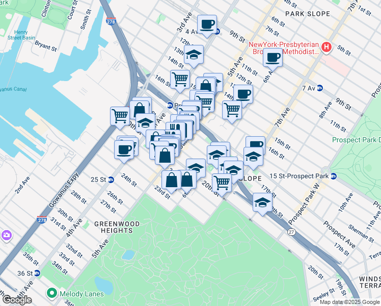 map of restaurants, bars, coffee shops, grocery stores, and more near 252 19th Street in Brooklyn