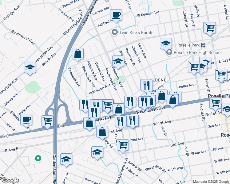 map of restaurants, bars, coffee shops, grocery stores, and more near 427 Maplewood Avenue in Roselle Park