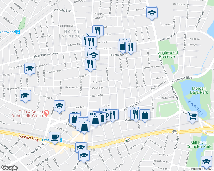 map of restaurants, bars, coffee shops, grocery stores, and more near 311 Vincent Avenue in Lynbrook