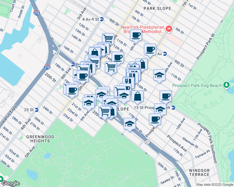 map of restaurants, bars, coffee shops, grocery stores, and more near 345 Prospect Avenue in Brooklyn