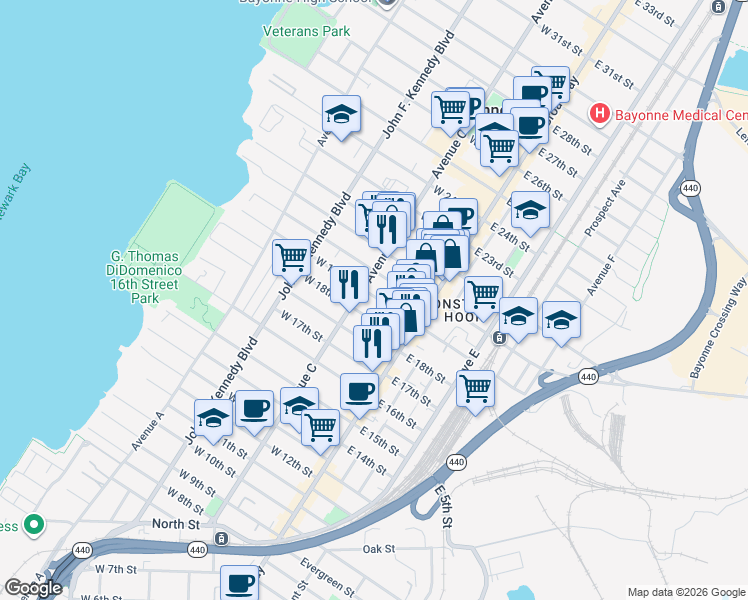 map of restaurants, bars, coffee shops, grocery stores, and more near 45 West 18th Street in Bayonne
