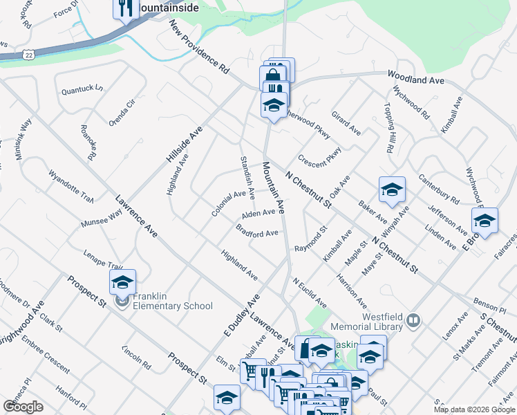 map of restaurants, bars, coffee shops, grocery stores, and more near 614 Standish Avenue in Westfield
