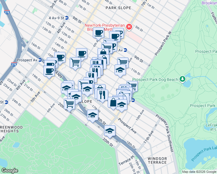 map of restaurants, bars, coffee shops, grocery stores, and more near 395 16th Street in Brooklyn