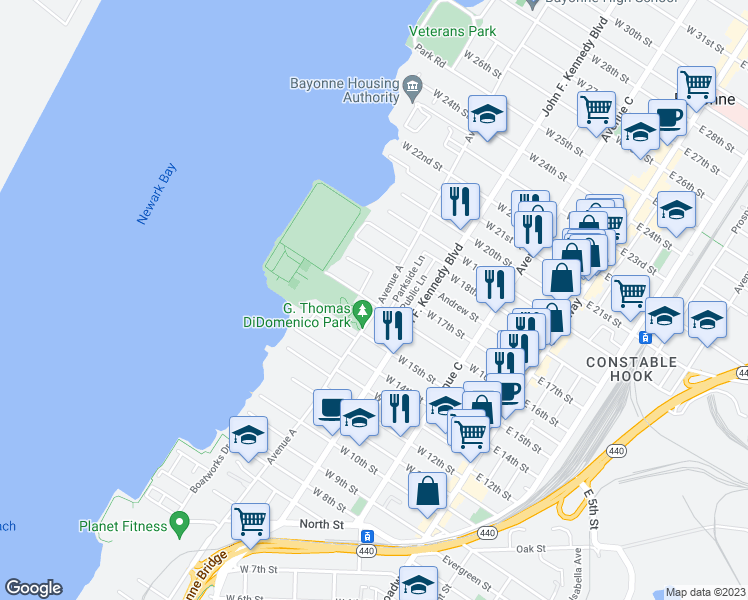 map of restaurants, bars, coffee shops, grocery stores, and more near 401 Avenue A in Bayonne