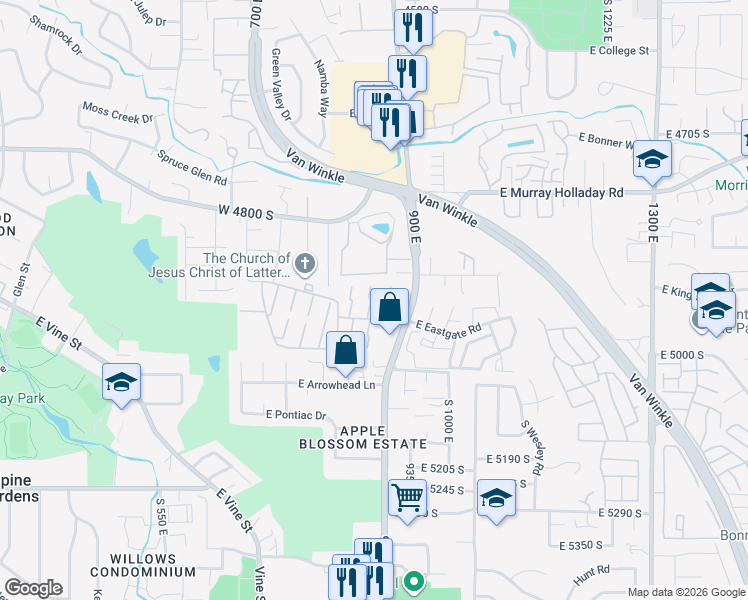 map of restaurants, bars, coffee shops, grocery stores, and more near 879 East 3 Fountains Drive in Murray
