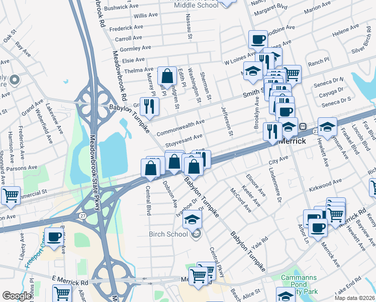map of restaurants, bars, coffee shops, grocery stores, and more near 1806 Bedford Avenue in Merrick