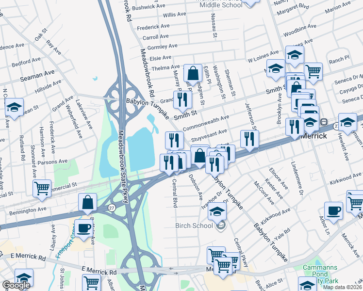 map of restaurants, bars, coffee shops, grocery stores, and more near 180 Bedford Avenue in Merrick