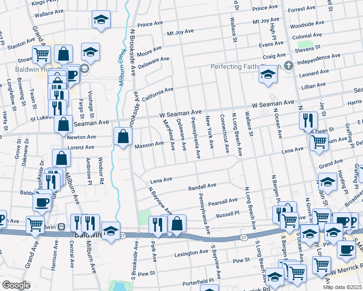 map of restaurants, bars, coffee shops, grocery stores, and more near 30 Maryland Avenue in Freeport