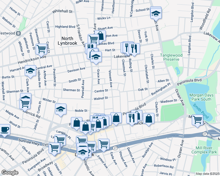 map of restaurants, bars, coffee shops, grocery stores, and more near 311 Vincent Avenue in Lynbrook