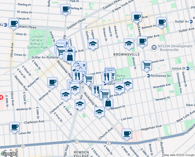 map of restaurants, bars, coffee shops, grocery stores, and more near 274 Legion Street in Brooklyn