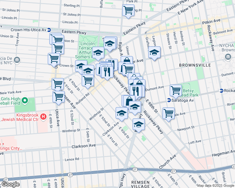 map of restaurants, bars, coffee shops, grocery stores, and more near 1112 Winthrop Street in Brooklyn