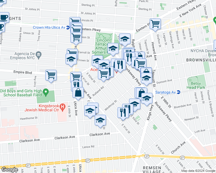 map of restaurants, bars, coffee shops, grocery stores, and more near 131 East 93rd Street in Brooklyn