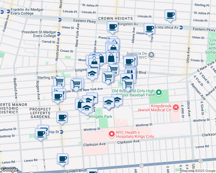map of restaurants, bars, coffee shops, grocery stores, and more near 571 East New York Avenue in Brooklyn
