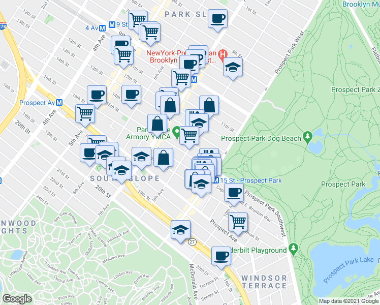map of restaurants, bars, coffee shops, grocery stores, and more near 423 15th Street in Brooklyn
