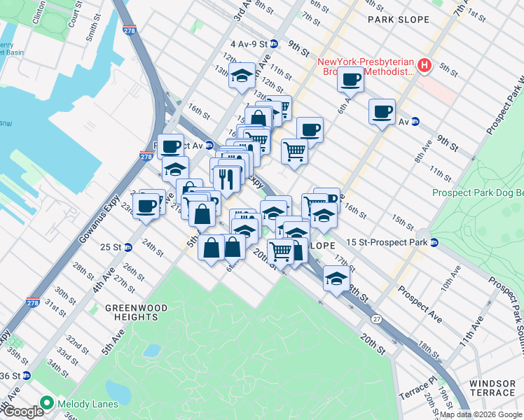 map of restaurants, bars, coffee shops, grocery stores, and more near 278 18th Street in Brooklyn