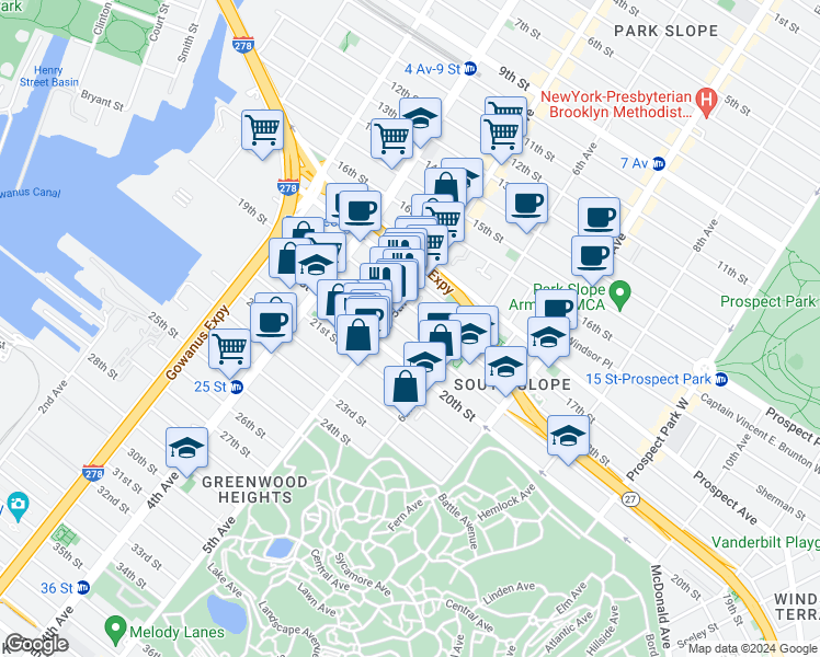 map of restaurants, bars, coffee shops, grocery stores, and more near 252 19th Street in Brooklyn