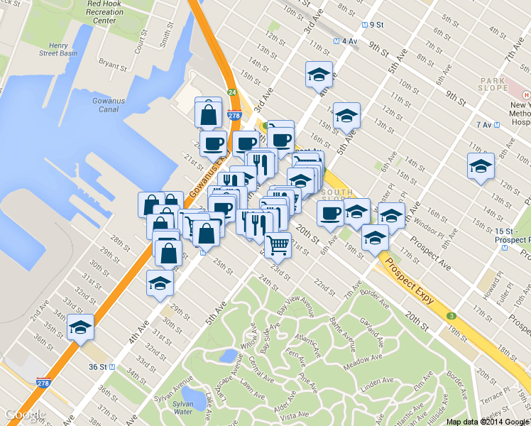 map of restaurants, bars, coffee shops, grocery stores, and more near 200 21st Street in Brooklyn