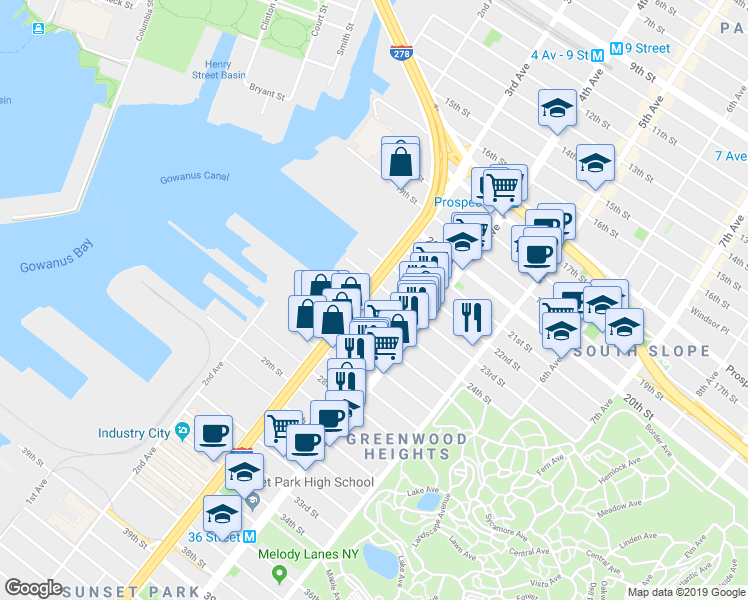 map of restaurants, bars, coffee shops, grocery stores, and more near 900 24th Street in Brooklyn