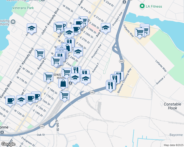 map of restaurants, bars, coffee shops, grocery stores, and more near 151 Avenue F in Bayonne