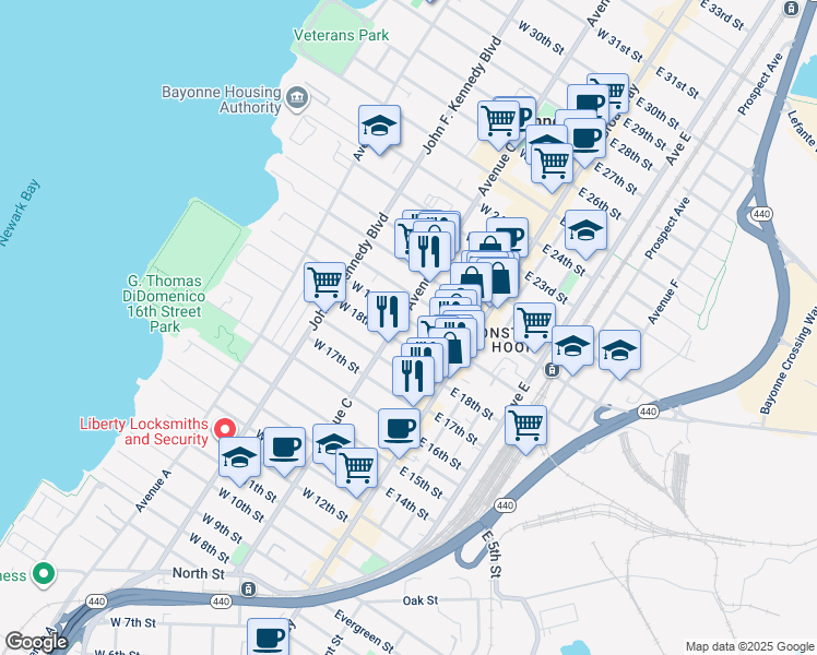 map of restaurants, bars, coffee shops, grocery stores, and more near 45 West 18th Street in Bayonne