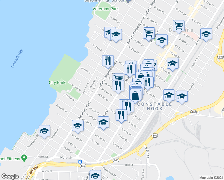 map of restaurants, bars, coffee shops, grocery stores, and more near 66 West 18th Street in Bayonne