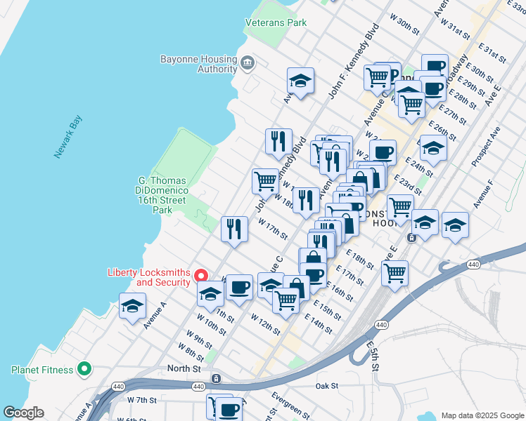 map of restaurants, bars, coffee shops, grocery stores, and more near 94 Andrew Street in Bayonne