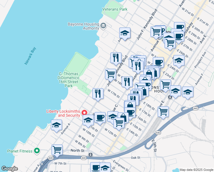 map of restaurants, bars, coffee shops, grocery stores, and more near 453 John F. Kennedy Boulevard in Bayonne